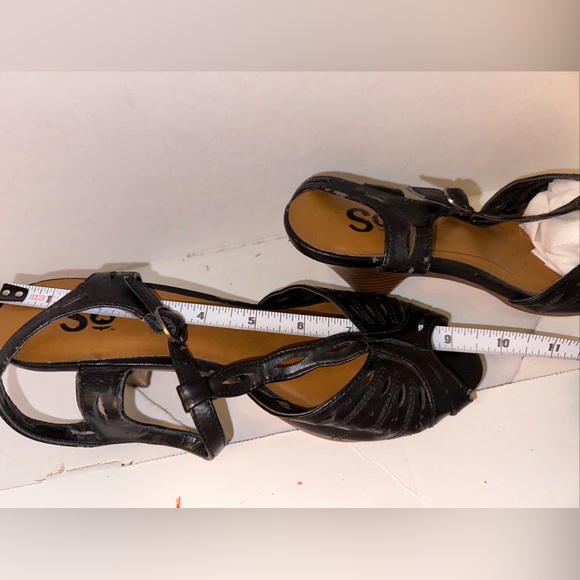 SO Sz 7-7.5 Black Heel Sandals for Women Cut Out Peep Toe Wood Heel Buckle - Picture 5 of 5